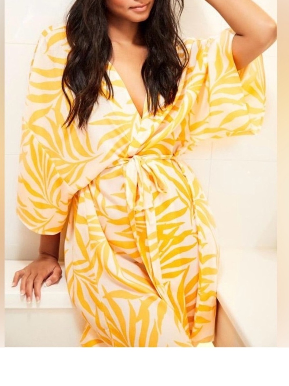 Anthro Maison Du Soir Citrus Leaf-Print Satin Kimono Robe